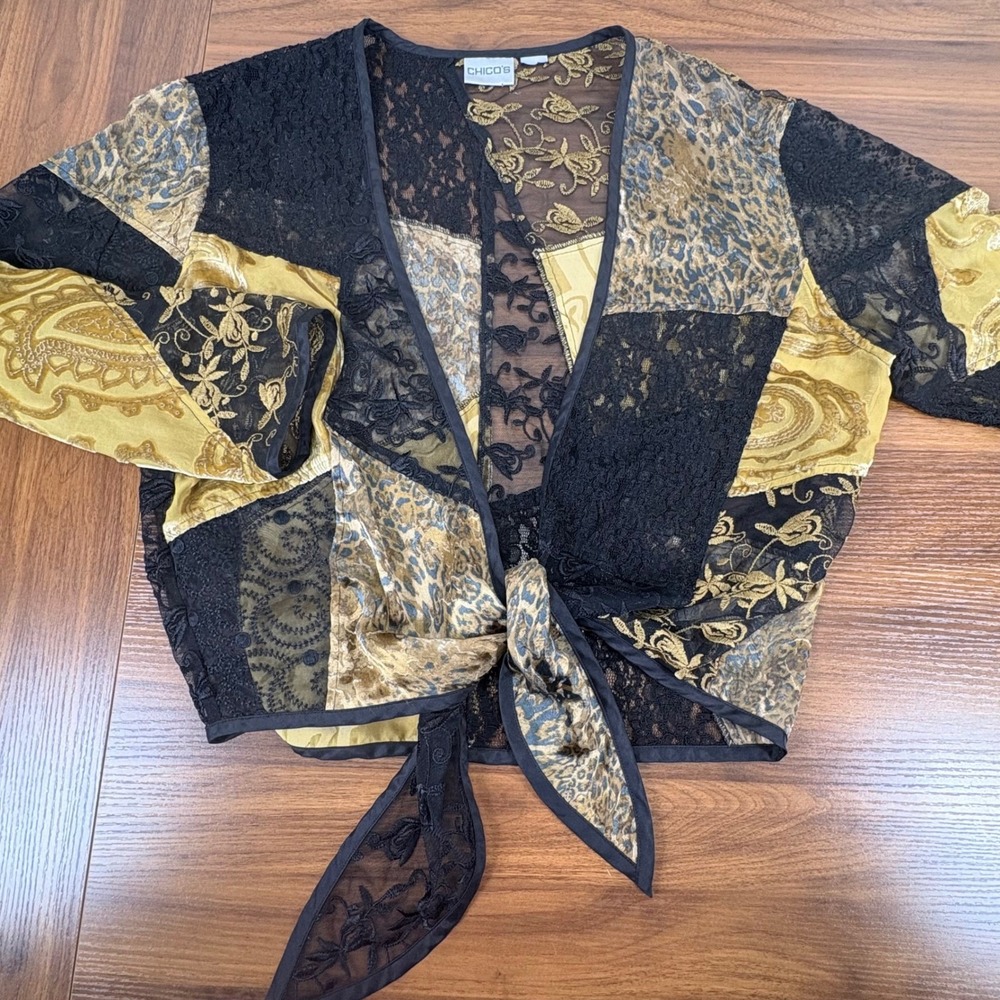 Chicos Patchwork Lace Leopard Paisley Tie Front Kimono Top Sheer Gold Black M - Picture 2 of 9